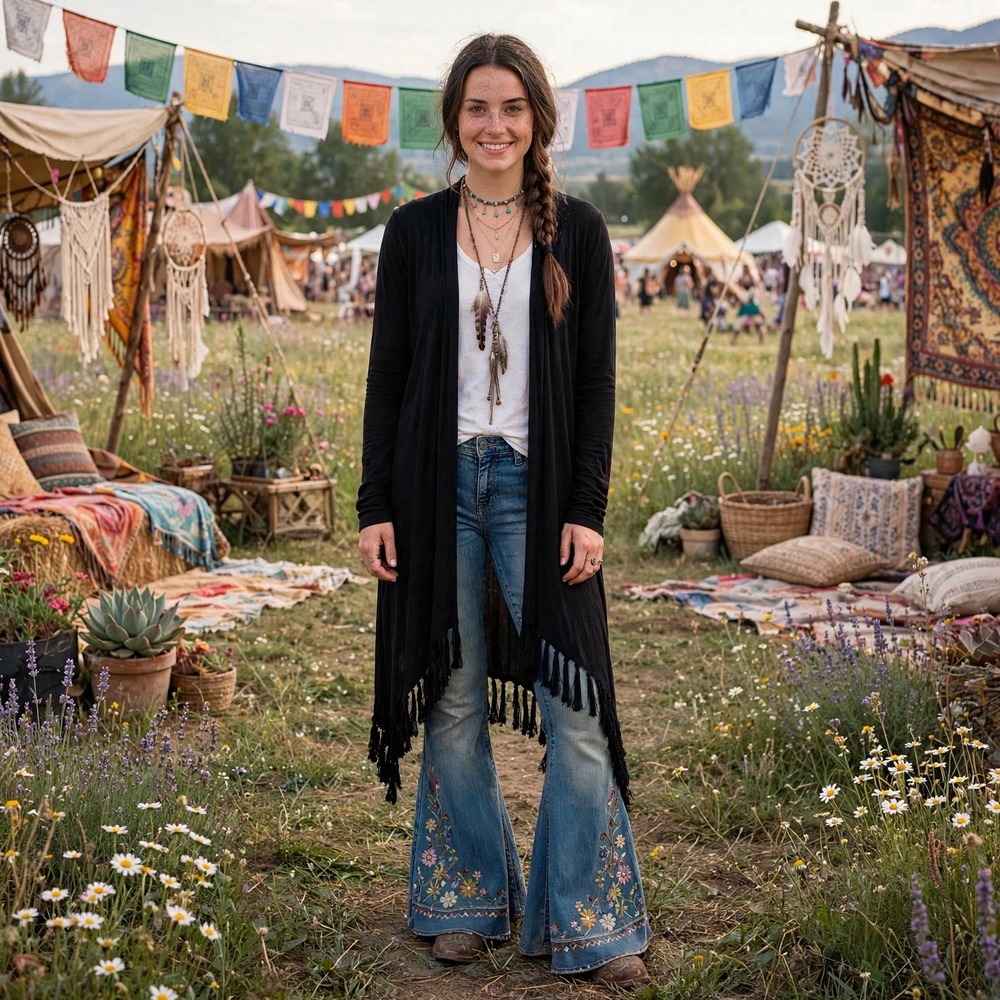 Mud Pie Cardigan Sweater S/M Black Fringe Tassel Knit Open Front‎ Duster